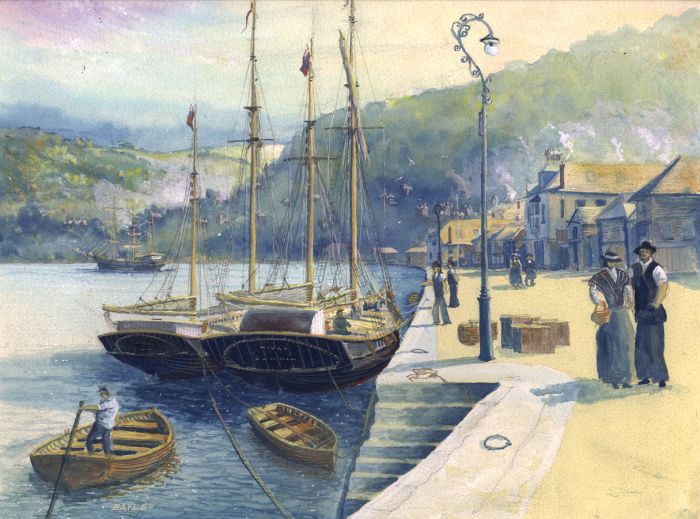 J.A. Bayley - Contemporary Gouache, South Embankment, Dartmouth 1880's