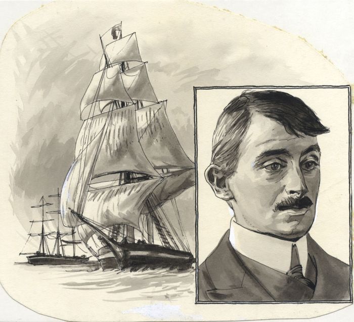 Original Mid 20th Century Gouache - Portrait and Boat - Illustration