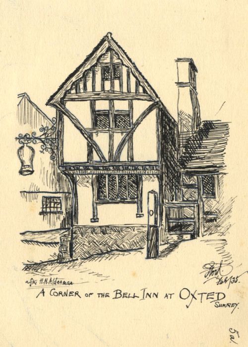 Frank Ford - 1935 Pen and Ink Drawing, A Corner of the Bell Inn at Oxted, Surrey
