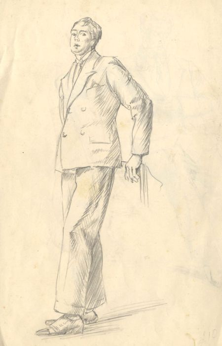 Mid 20th Century Graphite Drawing - Suited Figure