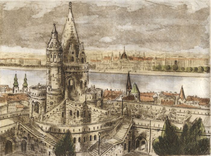 Bleu***s - Contemporary Etching, The Fisherman's Bastion, Hungary
