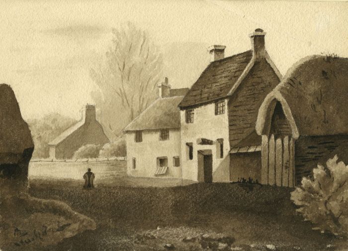 Monochrome Mid 20th Century Watercolour - Houses with Thatched Roofs