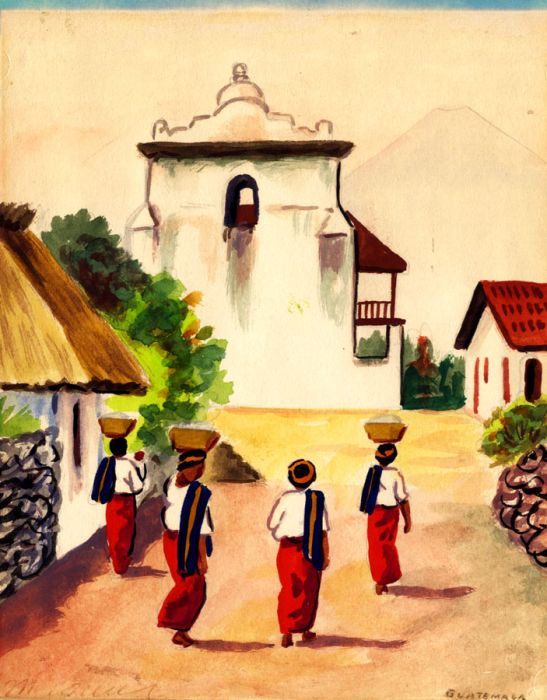 Mid 20th Century Gouache - Women in a Street, Guatemala