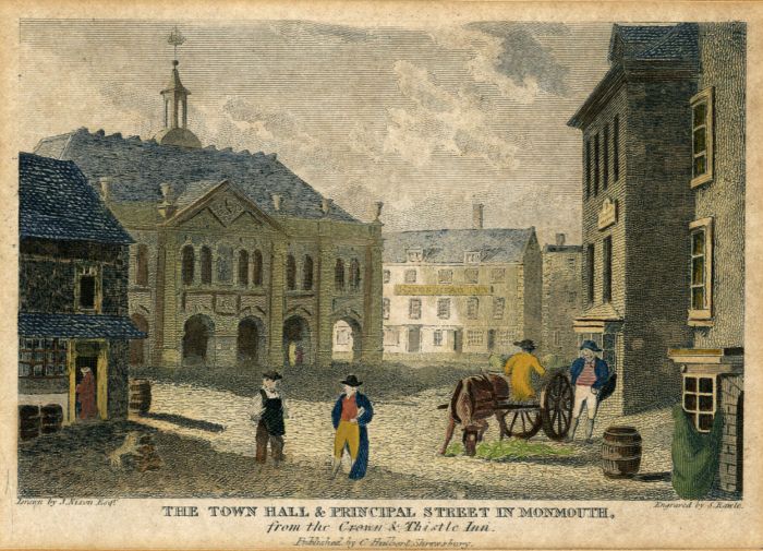 Samuel Rawle - 1808 Etching, The Town Hall & Principal Street in Monmouth
