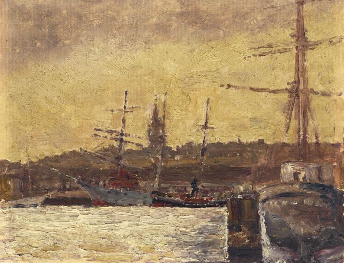 Alexander Brantingham Simpson RI - Early 20th Century Oil, Ships in Dock
