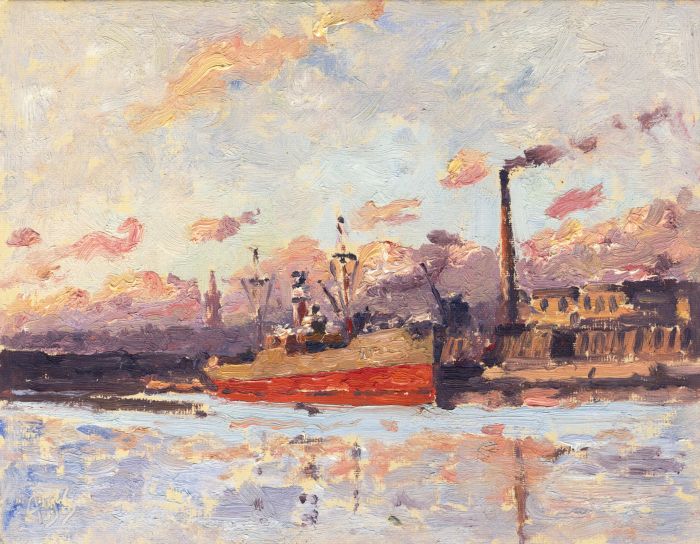Alexander Brantingham Simpson RI - Early 20th Century Oil, Ship in Harbour
