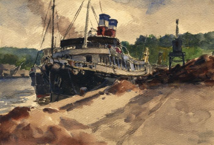 Alexander Brantingham Simpson RI - 1928 Watercolour, Ship in Dock