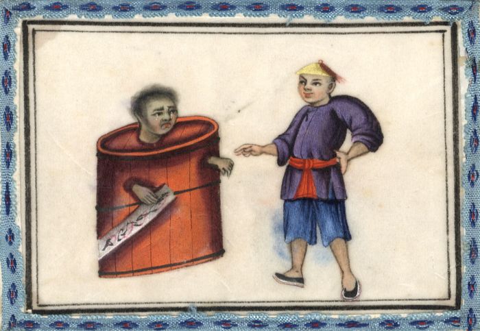 Chinese 19th Century Gouache on Pith Paper - Tortured Man in Barrel