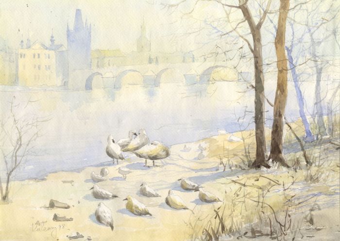 Leonid Kuzenny - 1998 Watercolour, Seagulls near Charles Bridge, Prague