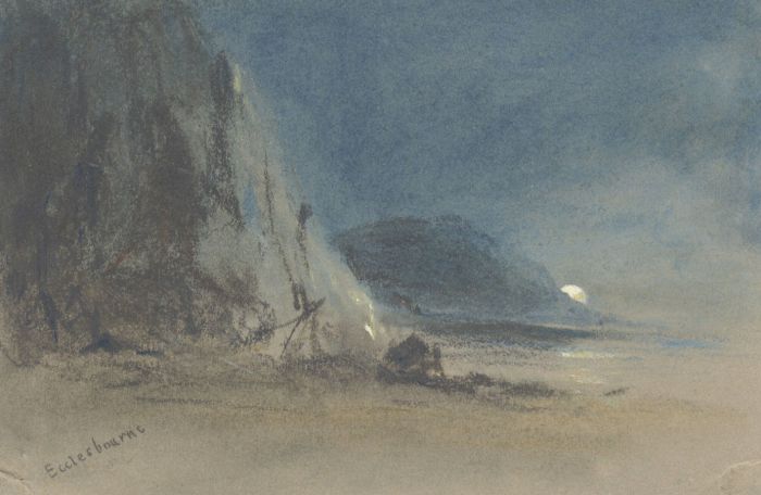Samuel Gillespie Prout  - 19th Century Pastel, Moonlit Cliffs at Ecclesbourne