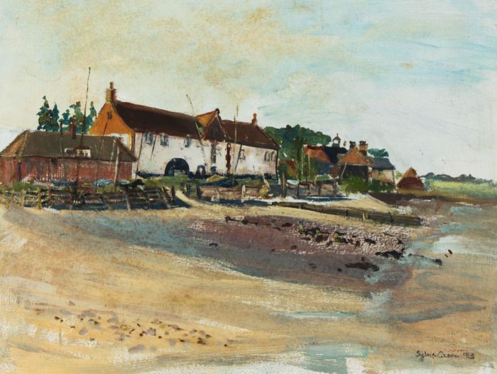 Sylvia Green - 1983 Oil, Boat Houses on a Beach