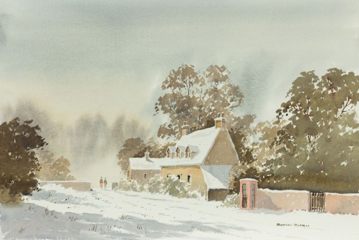 Duncan Russell - 1992 Watercolour, Winter Scene in Taynton, Cotswolds