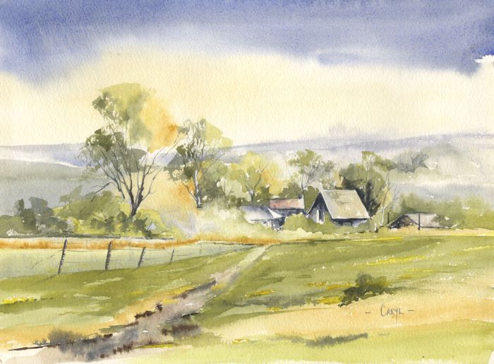 Caryl Smith SBA, SFP - Signed Contemporary Watercolour, Landscape with Farm