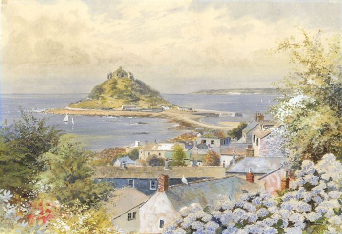 Adrian Mills - Fine Signed 1978 Watercolour, St. Michael's Mount from Marizion