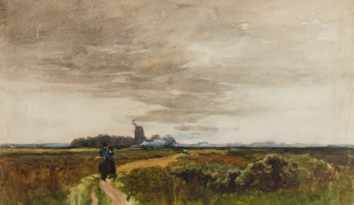 Attributed to Tatton Winter - Watercolour, Couple in a Landscape with Windmill