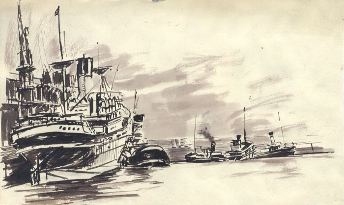 Mid 20th Century Pen and Ink Drawing - Harbourside