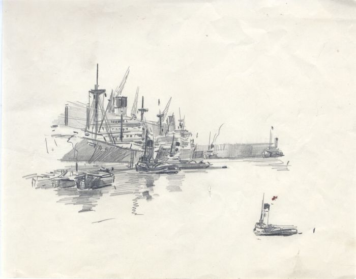 Mid 20th Century Graphite Drawing - Harbourside Scene