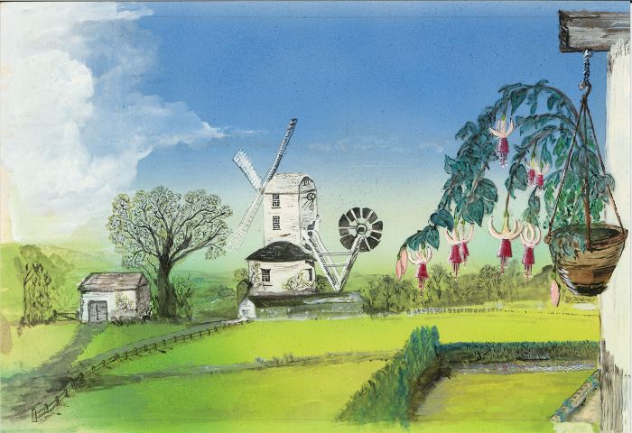 Contemporary Gouache - Garden with Windmill and Fuchsias