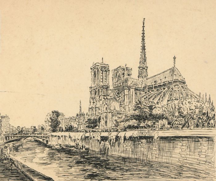 Mid 20th Century Pen and Ink Drawing - Notre Dame Cathedral