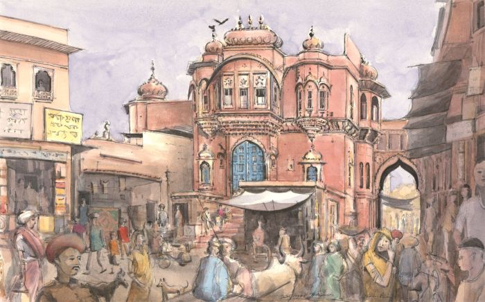 Charles Newington (b.1950) - Watercolour, Gulab Sagar Market Scene, Jodhpur