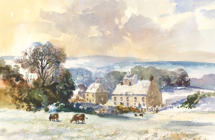 Contemporary Watercolour - Winter Farm with Cattle