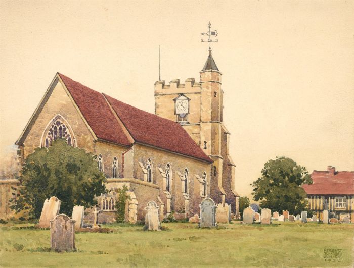 Herbert C. Ahier - 1955 Watercolour, Study of Parish Church, St peter & St Paul