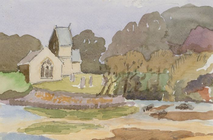 Audrey Reddy - 2002 Watercolour, View of St Michael's church, Porthilly