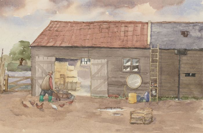 Harry Herbert - Contemporary Watercolour, Farm Buildings with Chickens