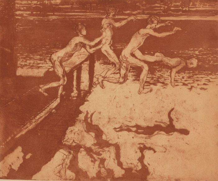 Ronald Olley (b.1923) - c. 2000 Etching, Lake Diving