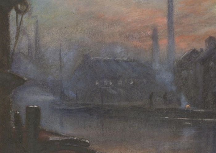 Mid 20th Century Gouache - Sunset River Street Scene