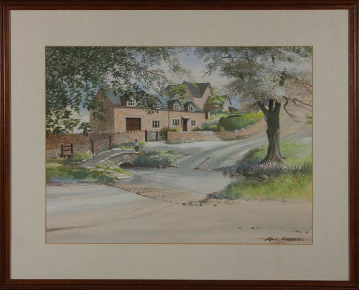 Alfred Moores - Framed 1978 Gouache, Cottage Beside a Stream