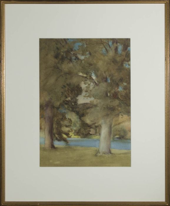 20th Century Watercolour - Oak Trees By The River