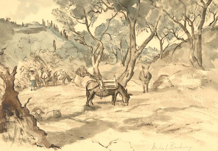 Michael Brockway (b.1919) - Watercolour, Donkeys in an Olive Grove