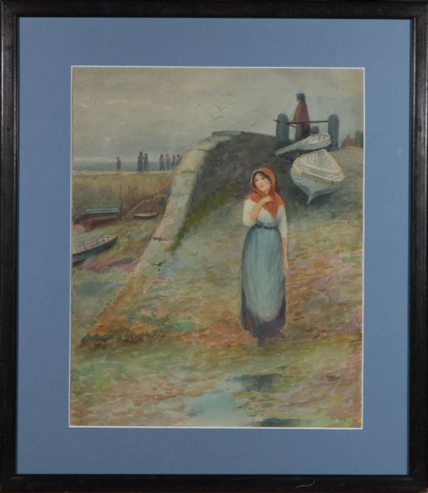 Framed Early 20th Century Watercolour - Woman with a Red Shawl
