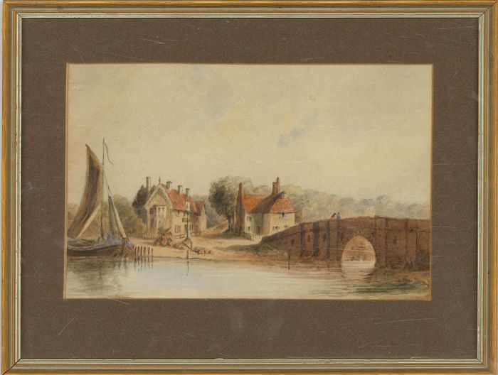 Framed Late 19th Century Watercolour - Bridge over the RIver