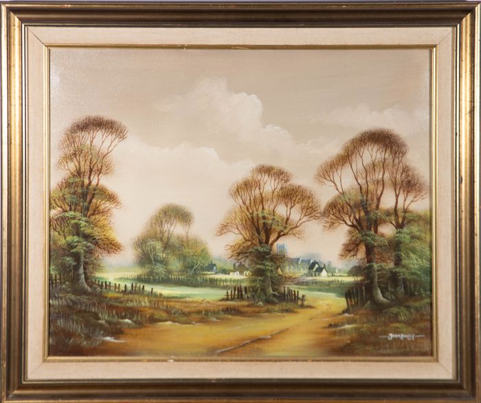 John Hooley - Signed & Framed Mid 20th Century Oil, Into the Village