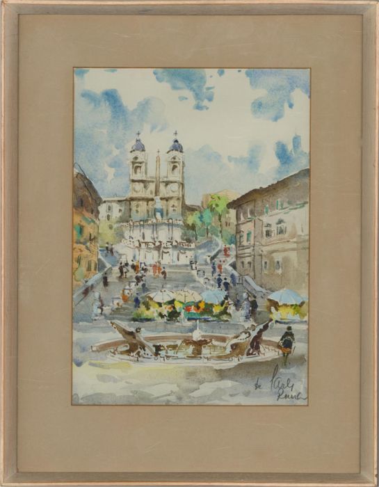 Framed Contemporary Watercolour - Spanish Steps, Rome