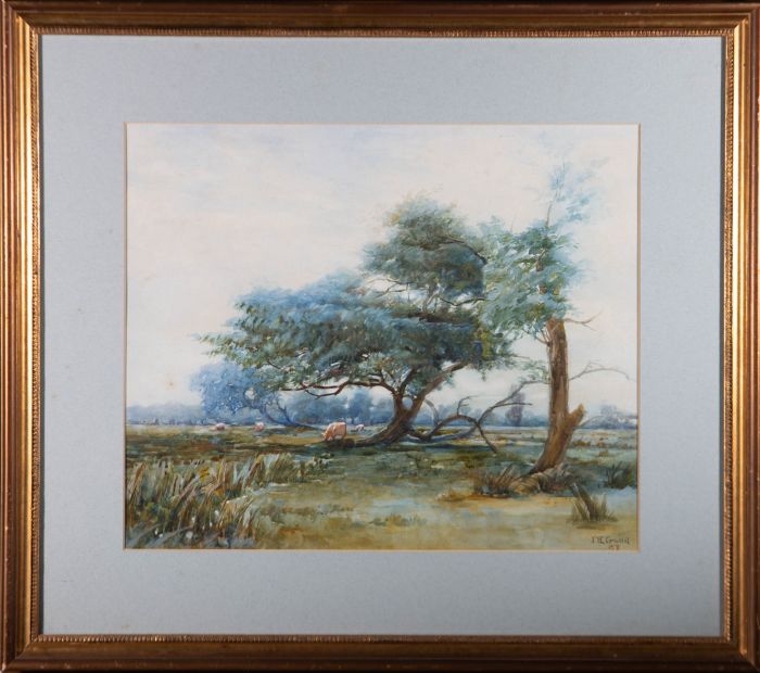 J.H. Guild - 1887 Watercolour, Landscape Scene with Cows