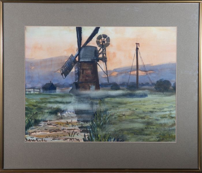W. Back - 1907 Watercolour, Mist And Sunset At The Windmill