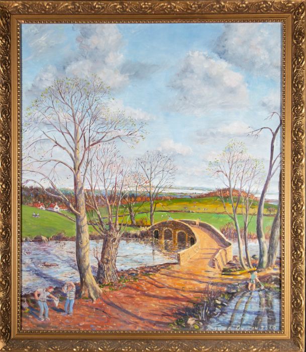 R. Dutton - Large 2010 Oil, Fishing by the Bridge