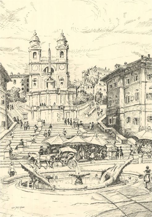 N.K. Day - 2001 Pen and Ink Drawing, Spanish Steps