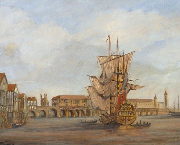 R. Braidey - Mid 20th Century Oil, Merchant Ship At Old London Bridge