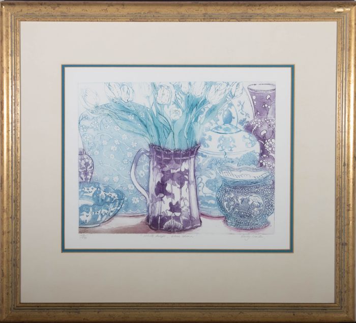 Sally Winter - Contemporary Etching, White Tulips With Blue China