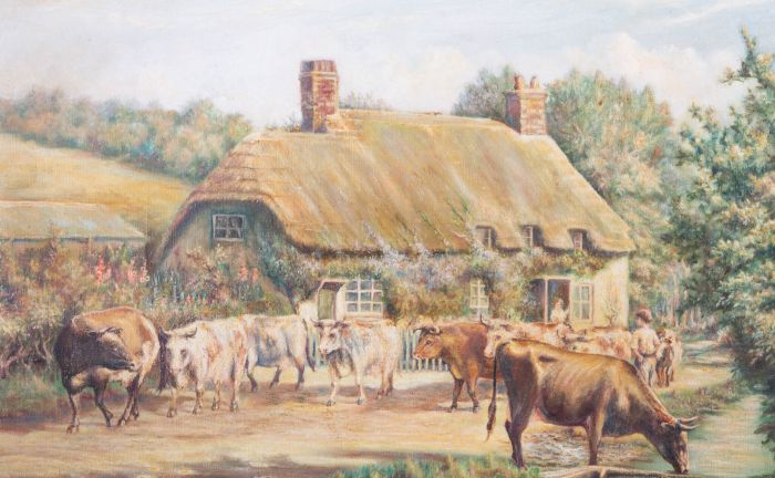 C. J. Beattie  - 1938 Oil, Herd of Cows near Cottage
