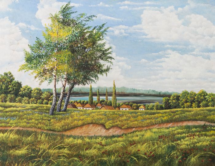 20th Century Oil - Small Cottages and Trees