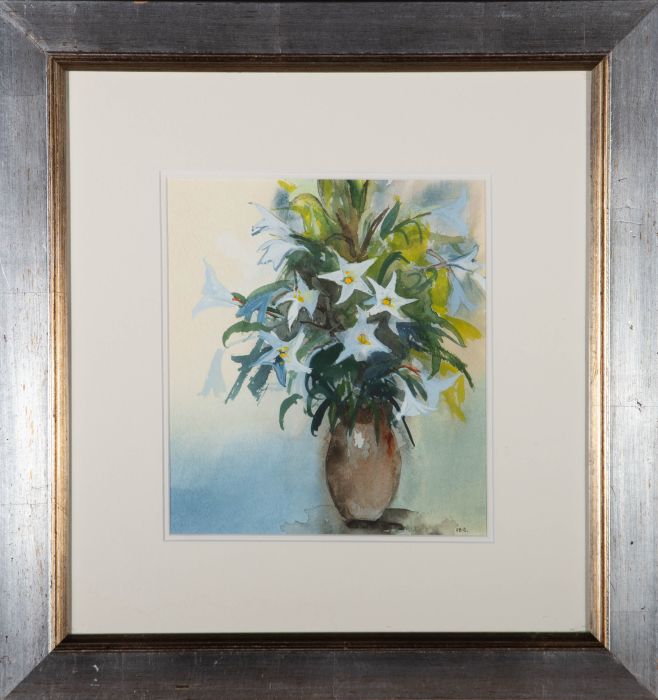 S. B. S.  - Contemporary Watercolour, Vase of Lilies