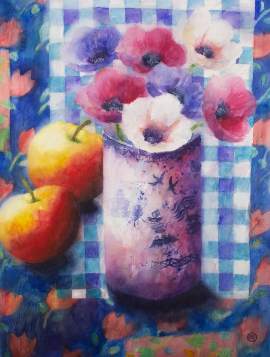 A.J.W - 2001 Watercolour, Anemones And Apples