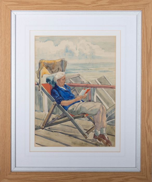 20th Century Watercolour - Reading at the Beach