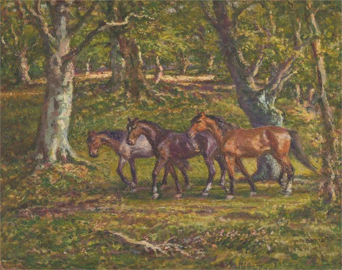 F. R. Batters  - 1940 Oil, Trio of New Forest Ponies