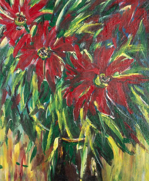 20th Century Acrylic - Vibrant Red Flowers in Vase